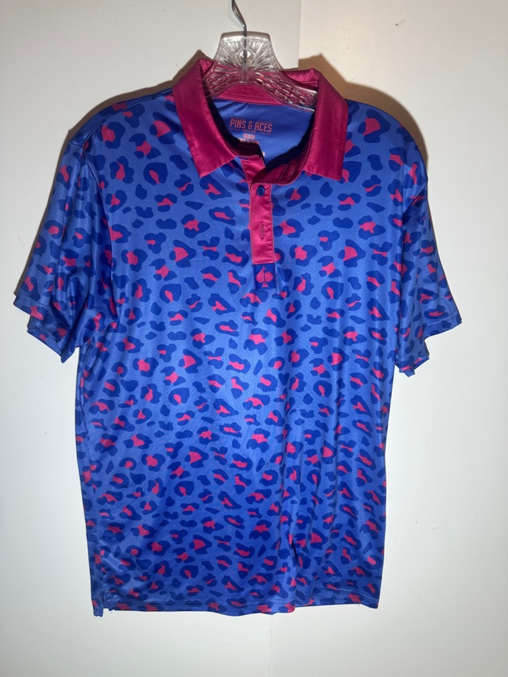 Pins & Aces Men's Blue Polo with Pink Leopard Print